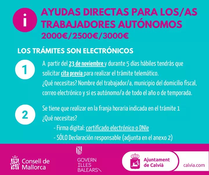 El 23 de noviembre se vuelve a abrir plazo de presentación de solicitud de la AYUDA EXTRAORDINARIA para AUTÓNOMOS DE CALVIÀ (2 trámites)